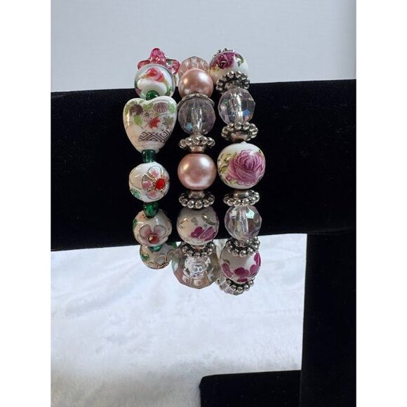 Vintage Painted Ceramic Cloisonne Glass Beaded Stretch Bracelets - Set of 3 - Picture 2 of 8